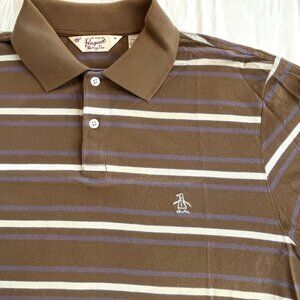 Penguin Polo Stiped Brown Short Sleeve Shirt Medium Y2K Cotton